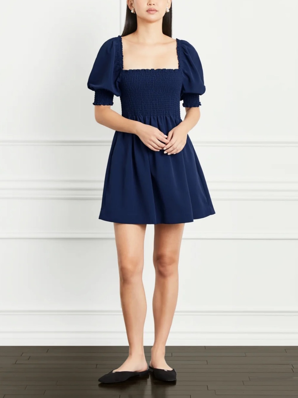 Hill House Home Athena Nap Dress Navy Crepe Smocked Mini Dress Medium